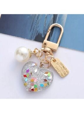 NEW Clear Glitter Heart Pearl Gold Bag Charm Key Ring Accessory